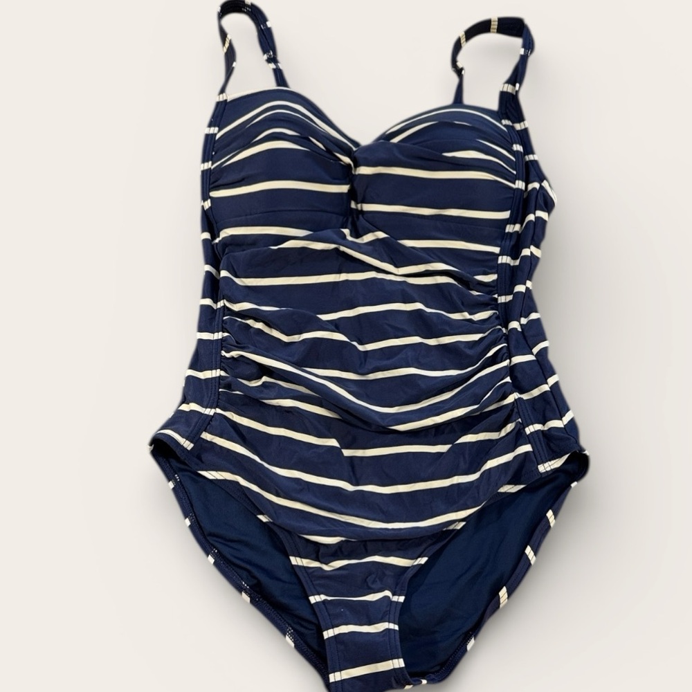 Nip Tuck Swim Navy blue White Stripe One-Piece Swimsuit Size 8 Ruching Slimming